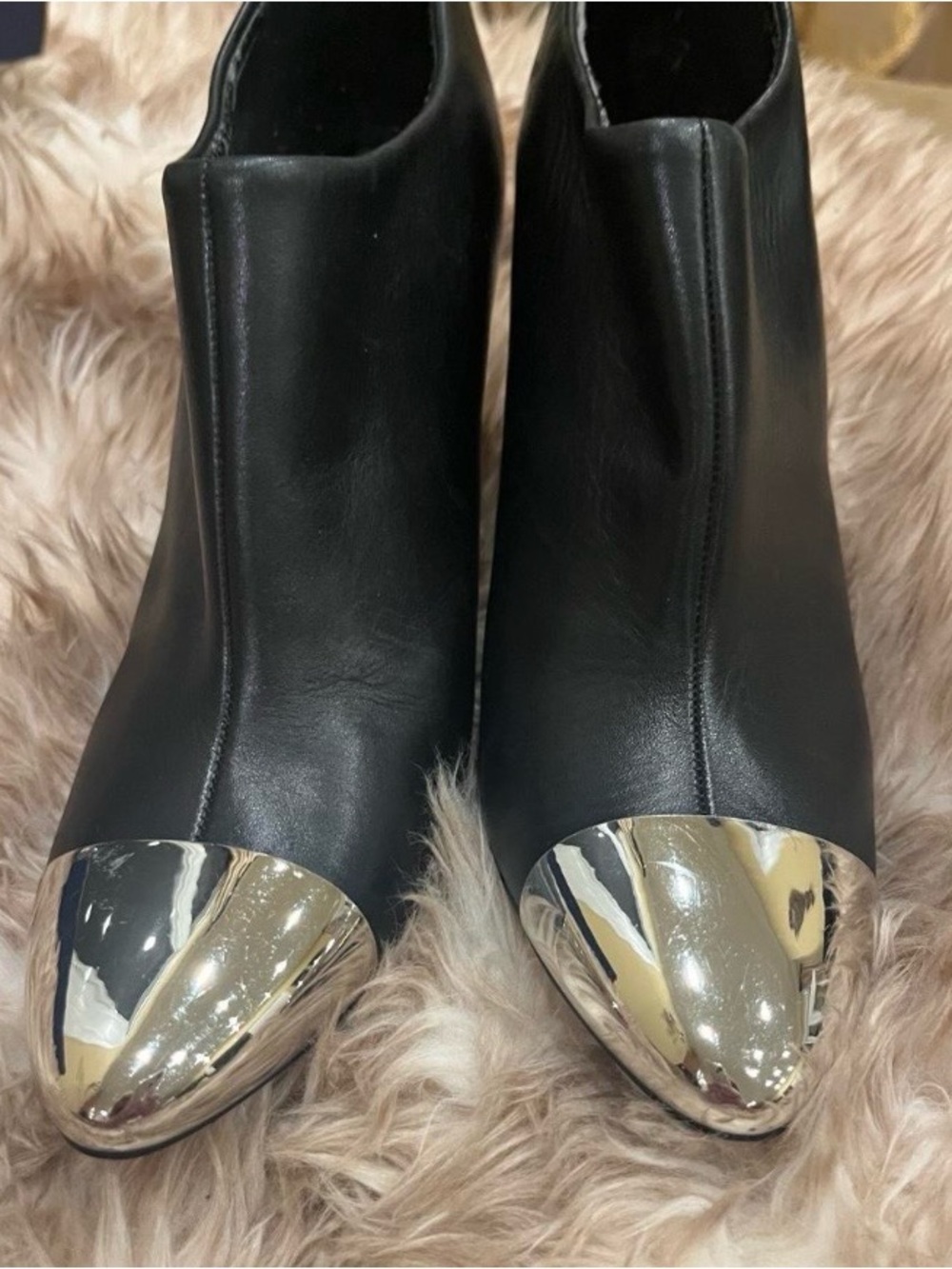 Zara Black Leather Ankle Boots with Silver Cap Toe